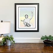 Framed Paul McCartney poster made of green, yellow, and orange hand-written words of all Philadelphia concerts above dresser.