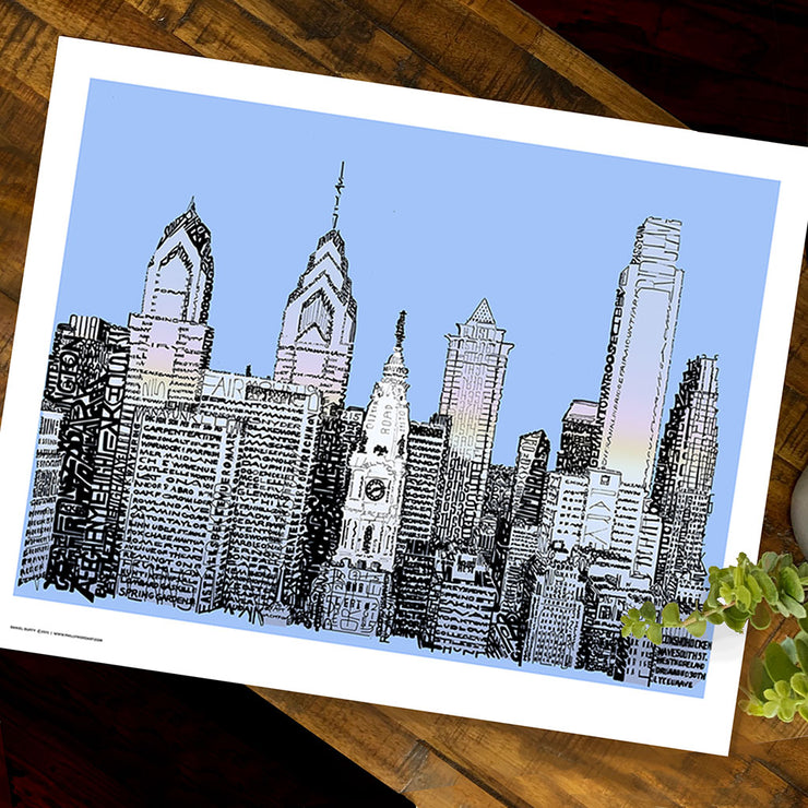 Philadelphia Skyline art made of handwritten words of Philly landmarks and more as part of Philadelphia gift art collection.