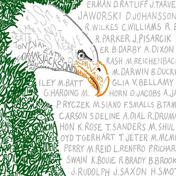 Green eagle made of handwritten words of all Philadelphia Eagles rosters between 1933-2018.