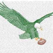 Philadelphia Eagles gift print of green eagle with brown football made of handwritten Philadelphia Eagles rosters (1933-2018.)