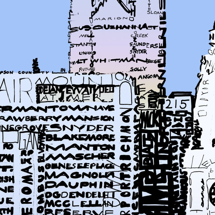 Philadelphia gift art of city skyline buildings made of handwritten words of Philly landmarks and more.