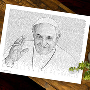 Portrait Art of Pope Francis with smile, waving made of handwritten Beatitudes (Matthew 5-7) on wood table.