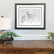 Portrait Art of Pope Francis with smile, waving made of handwritten Beatitudes (Matthew 5-7) on wall above dresser.