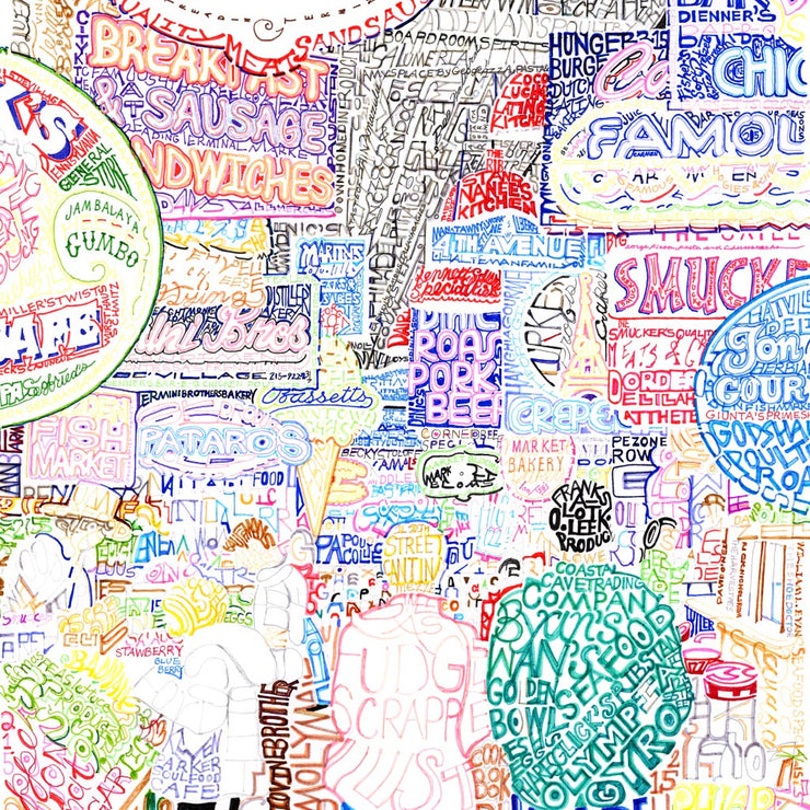  Illustrated Philadelphia Reading Terminal Market made of handwritten words listing famous vendors and facts about the market.