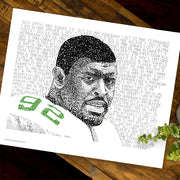 Unframed print of Reggie White stats in handwritten words used to make a portrait of the famous NFL football player.