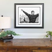 Framed Rocky Balboa gift portrait made of handwritten lyrics of "Eye of the Tiger" on wall above wood dresser.