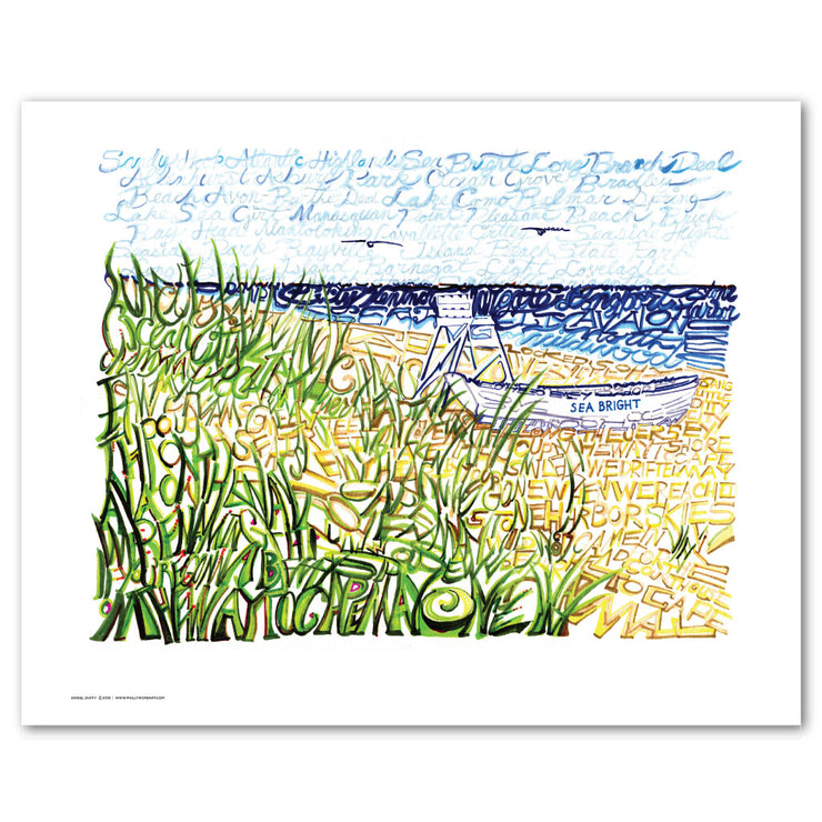 Unframed Jersey Shore art prints customizable with destination on side of depicted rowboat, making these great Jersey Shore gifts.