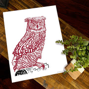  Unframed Owl Temple art of Temple University mascot made of red handwritten  words of the Temple Fight Song on wood table.