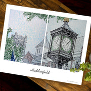 Unframed word art print of Kings Highway clock, M&T Bank Haddonfield, and First Baptist Church in downtown Haddonfield.