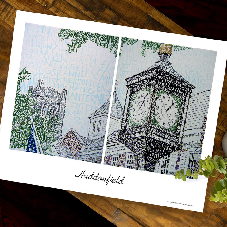 Unframed word art print of Kings Highway clock, M&T Bank Haddonfield, and First Baptist Church in downtown Haddonfield.