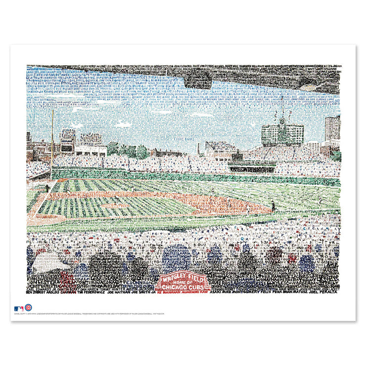 Wrigley Field Chicago art print made with handwritten names of all Cub players up to 2016 from Chicago Cubs gift collection.