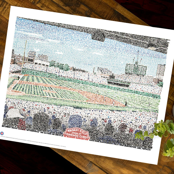 Unframed Wrigley Field Chicago art made with handwritten names of all Cubs in history (1876-2016) on wood table.