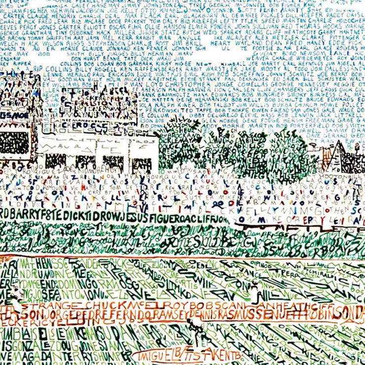 Artwork of Wrigley Field Chicago crowd, field, and players made with handwritten names of all Cubs in history (1876-2016.)