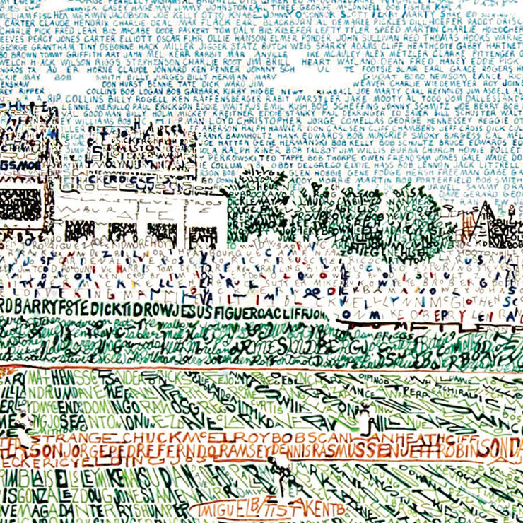 Artwork of Wrigley Field Chicago crowd, field, and players made with handwritten names of all Cubs in history (1876-2016.)