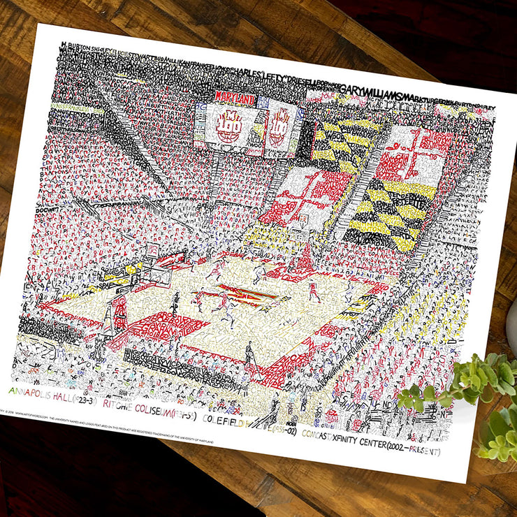 Unframed Artwork of University of Maryland Men’s Basketball arena made with handwritten names of every team player and coach.