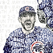 Detail of word art of Kris Bryant celebrating 2016 Chicago Cubs World Series win, showing stats in his face, jersey, and cap.