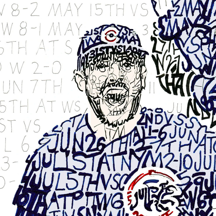 Detail of word art of Kris Bryant celebrating 2016 Chicago Cubs World Series win, showing stats in his face, jersey, and cap.