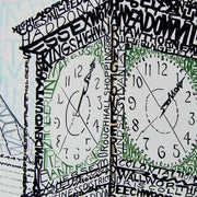 Detail of Kings Highway clock in word art created at Markeim Art Center in Haddonfield shows local place names forming image.